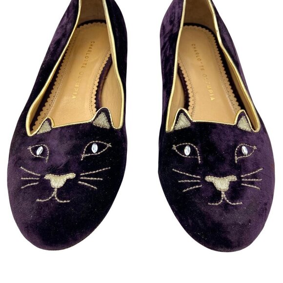 Charlotte Olympia Kitty Cat Purple Velvet Flats Loafers Gold, EU 39 US 8.5-9 - Picture 8 of 13